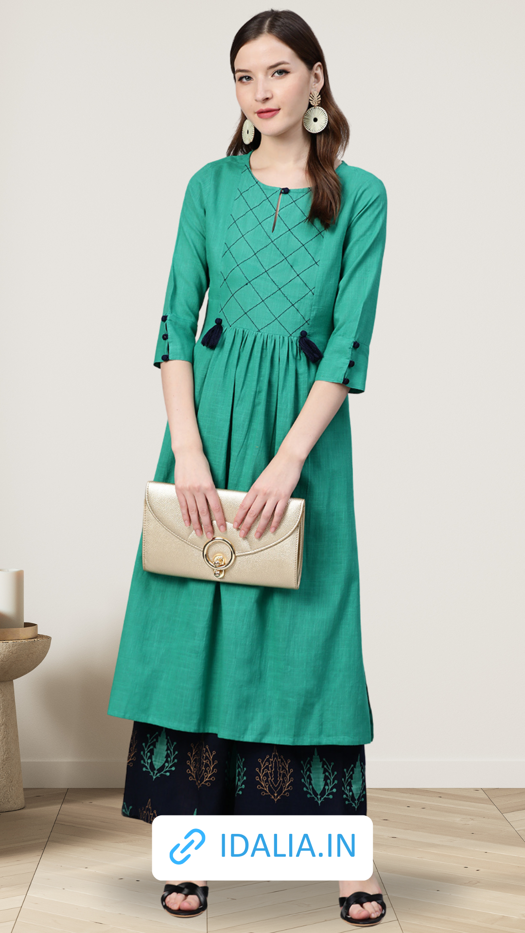 Idalia Women Green & Navy Blue Yoke Design Kurta with Palazzos