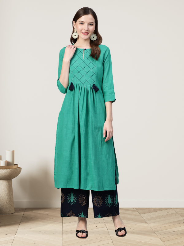 Idalia Women Green & Navy Blue Yoke Design Kurta with Palazzos