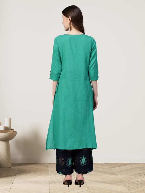 Idalia Women Green & Navy Blue Yoke Design Kurta with Palazzos