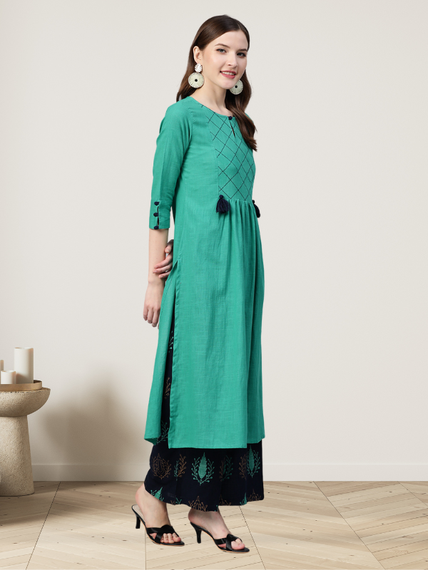 Idalia Women Green & Navy Blue Yoke Design Kurta with Palazzos