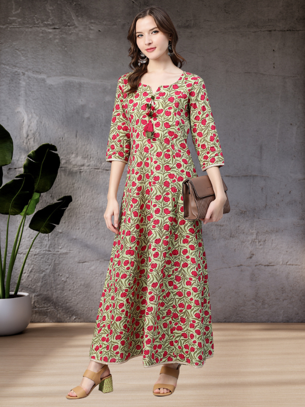 Idalia Green Jaal Print Dress With Pink Flowers