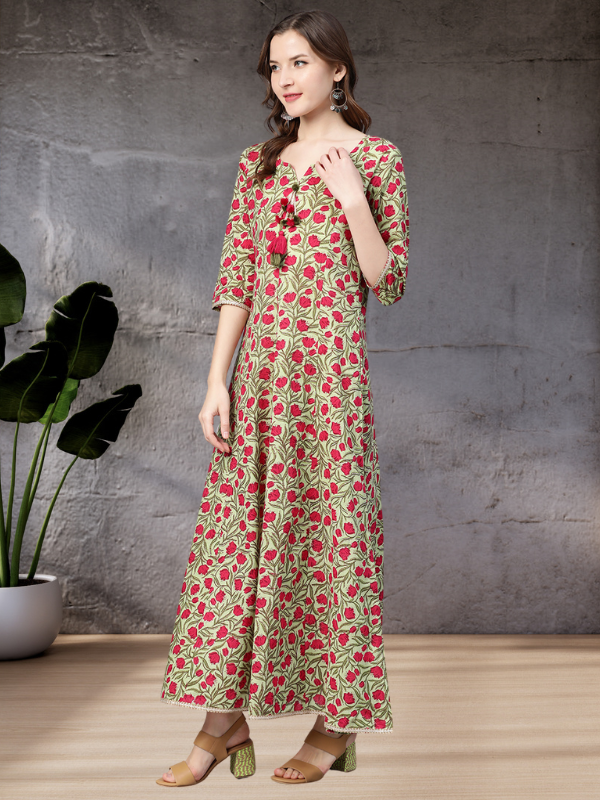 Idalia Green Jaal Print Dress With Pink Flowers