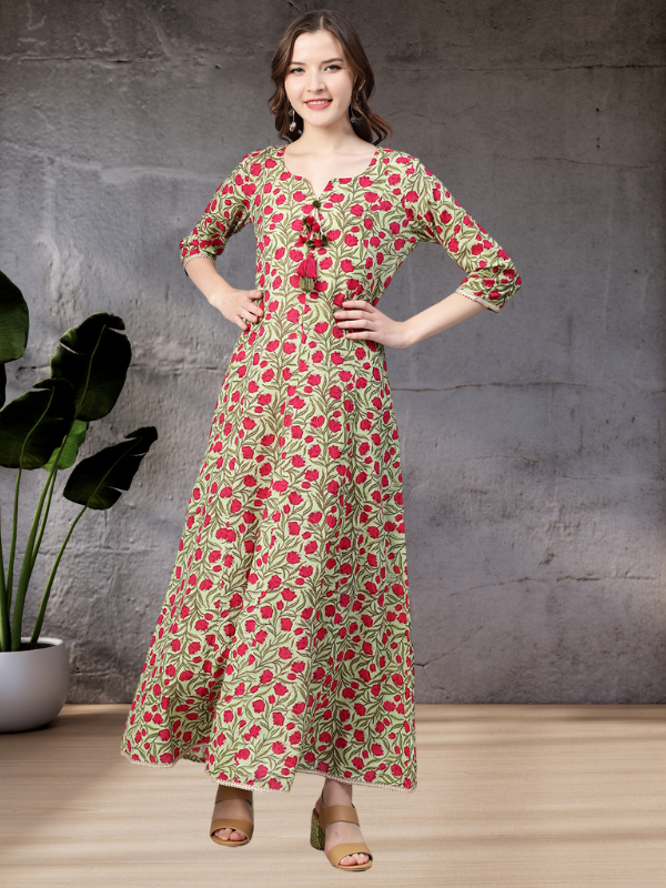 Green Jaal Print Dress With Pink Flowers