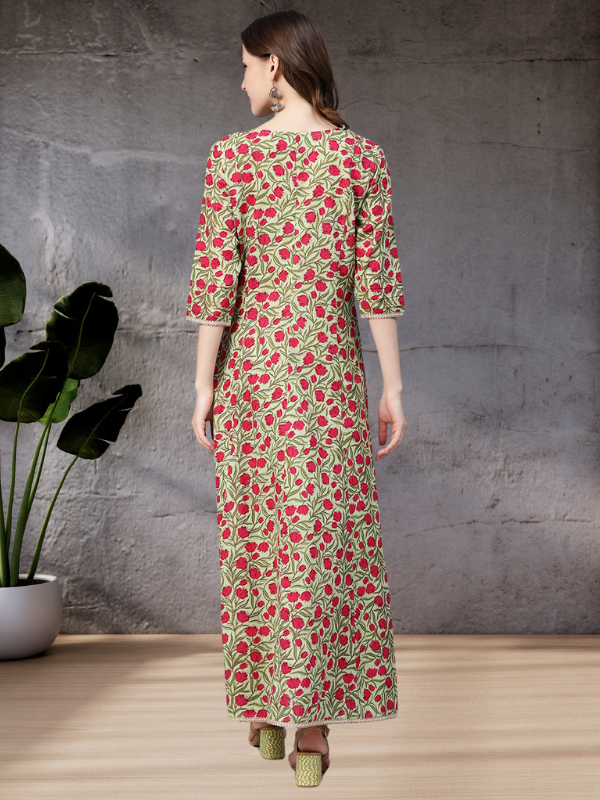 Idalia Green Jaal Print Dress With Pink Flowers