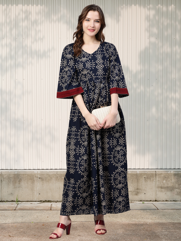 Idalia Women's Rayon Navy Blue Printed Flared Dress