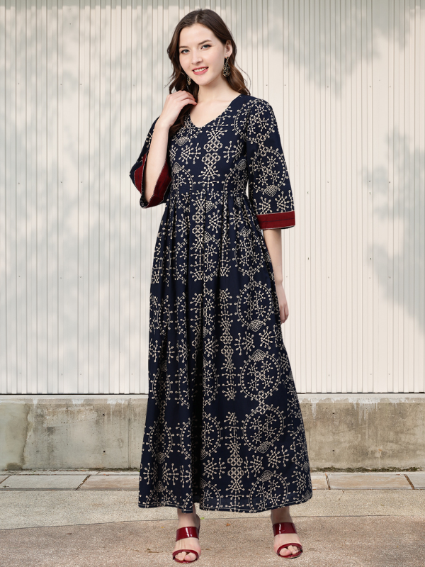 Idalia Women's Rayon Navy Blue Printed Flared Dress