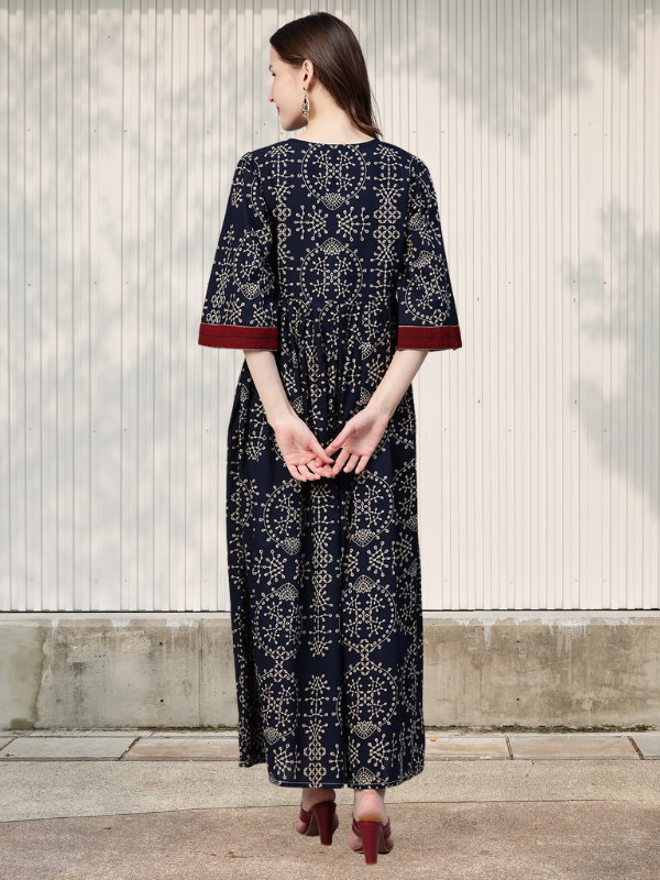 Idalia Women's Rayon Navy Blue Printed Flared Dress