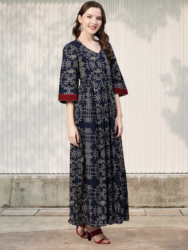 Idalia Women's Rayon Navy Blue Printed Flared Dress