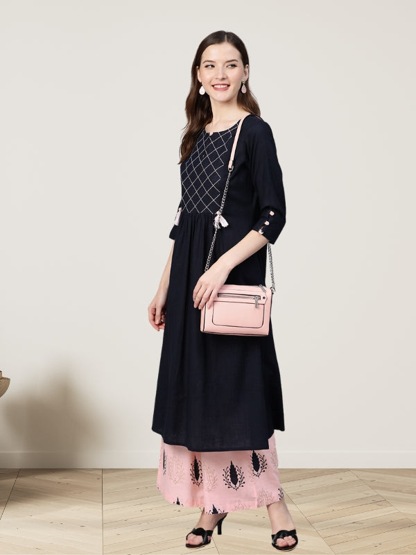 Navy Blue And Light Pink Kurta Set