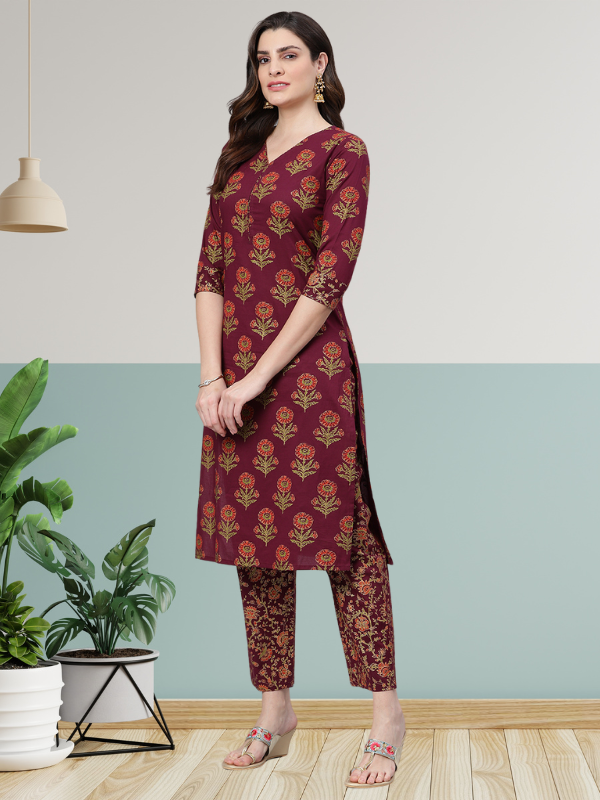 Maroon Gold Printed Kurta Set With Dupatta