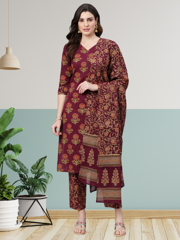 Maroon Gold Printed Kurta Set With Dupatta