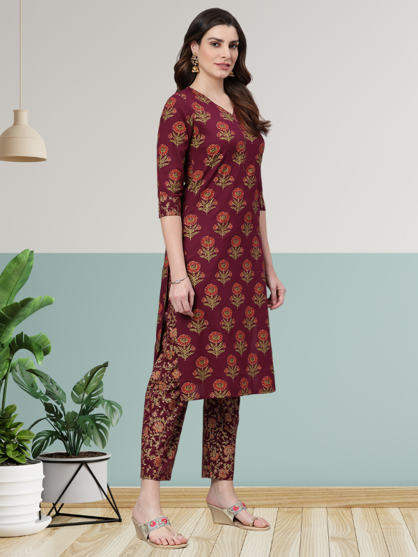 Maroon Gold Printed Kurta Set With Dupatta