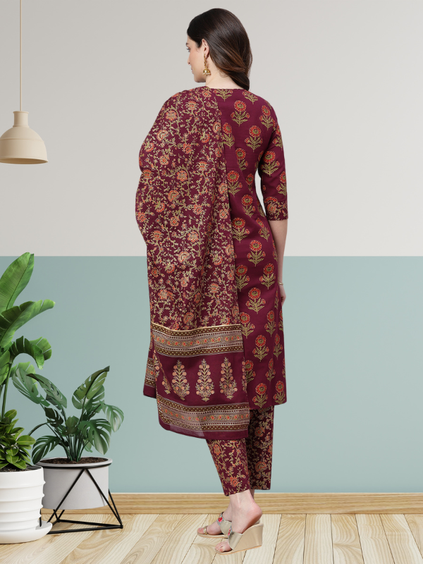 Maroon Gold Printed Kurta Set With Dupatta