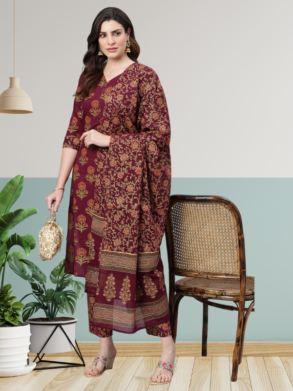 Maroon Gold Printed Kurta Set With Dupatta