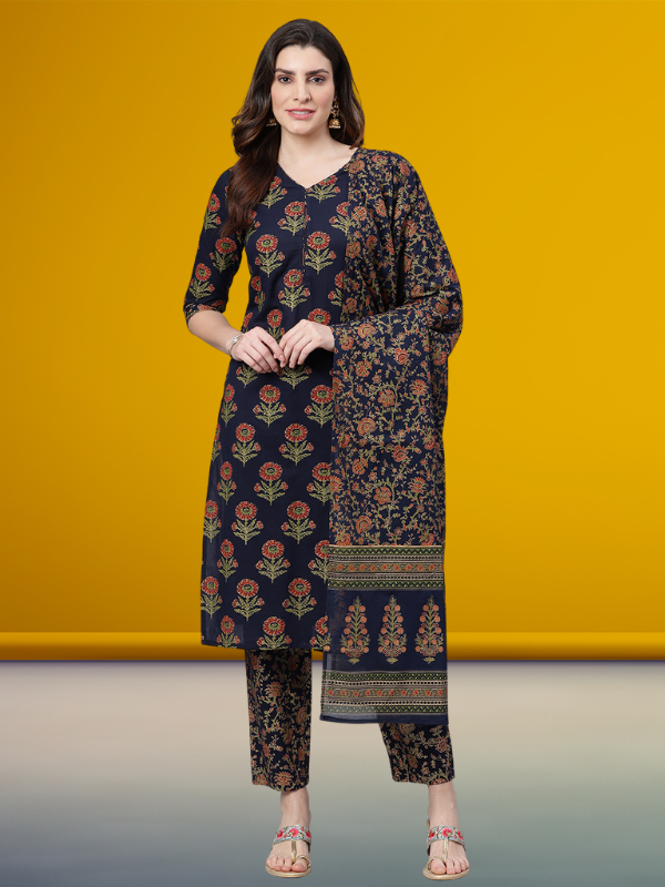 Navy Blue Gold Printed Kurta Set With Dupatta