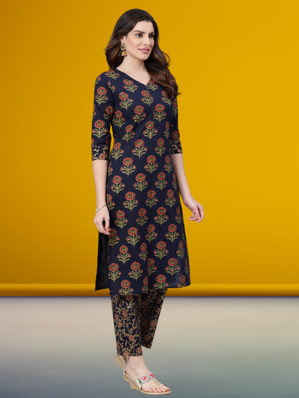 Navy Blue Gold Printed Kurta Set With Dupatta