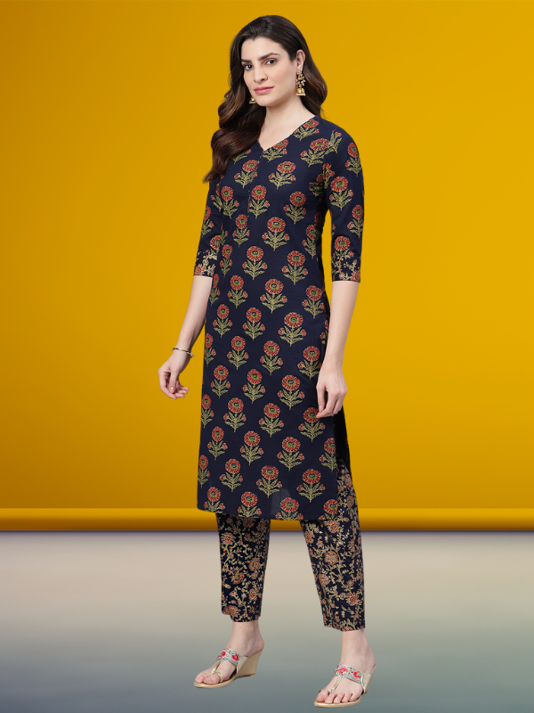 Navy Blue Gold Printed Kurta Set With Dupatta