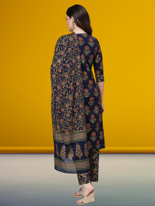 Navy Blue Gold Printed Kurta Set With Dupatta