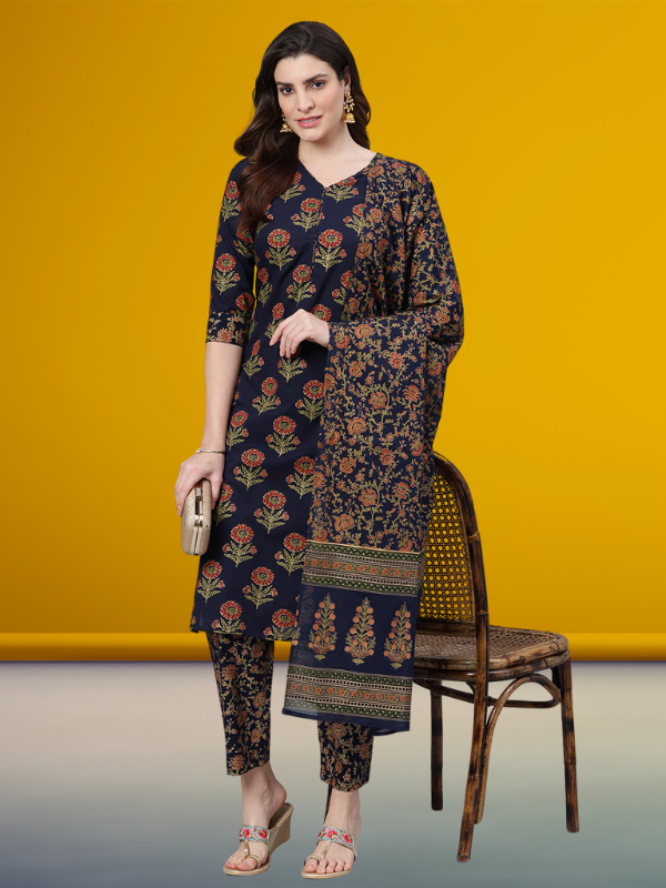 Navy Blue Gold Printed Kurta Set With Dupatta