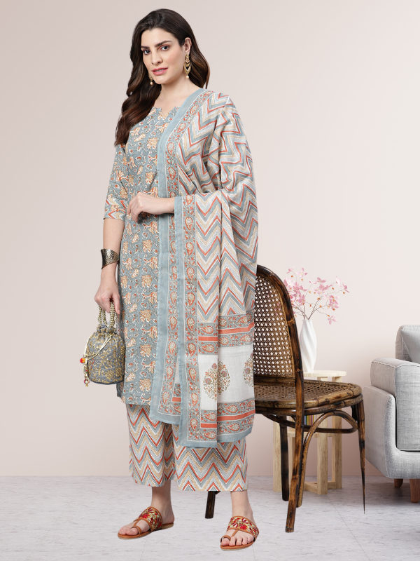 Multi Color Printed Kurta Set With Dupatta