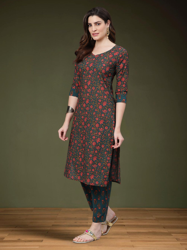 Green Floral Printed Kurta Set With Dupatta