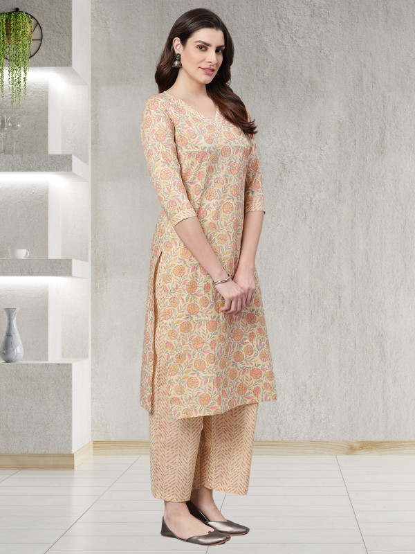 Pastel Yellow Printed Kurta Set With Dupatta