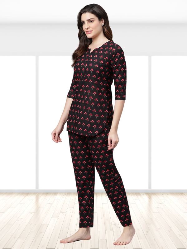 Black Printed Night Suit Set