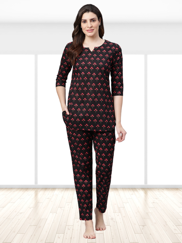 Black Printed Night Suit Set