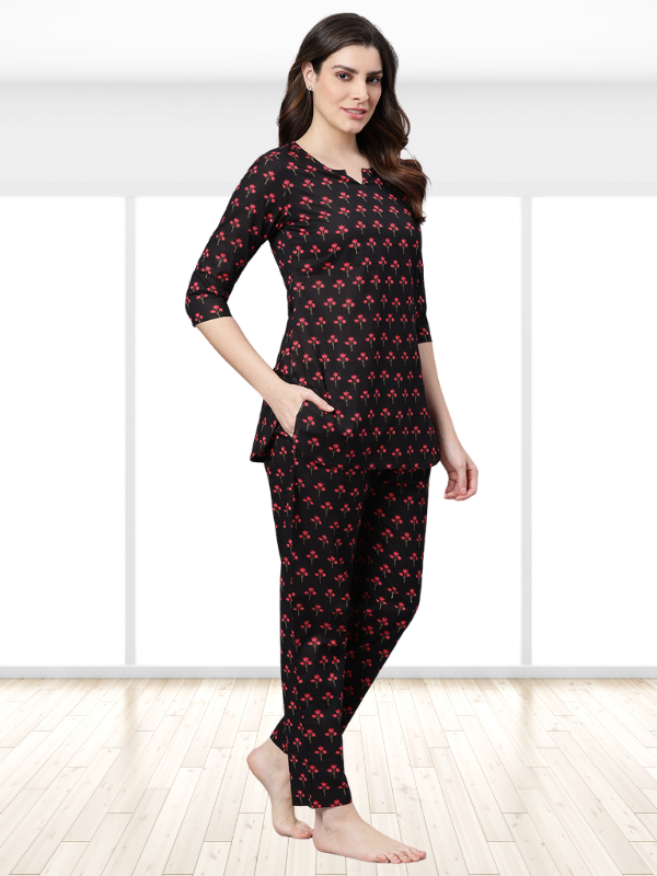 Black Printed Night Suit Set