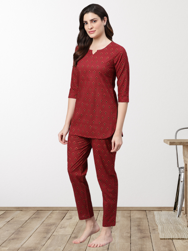 Maroon Printed Night Suit Set