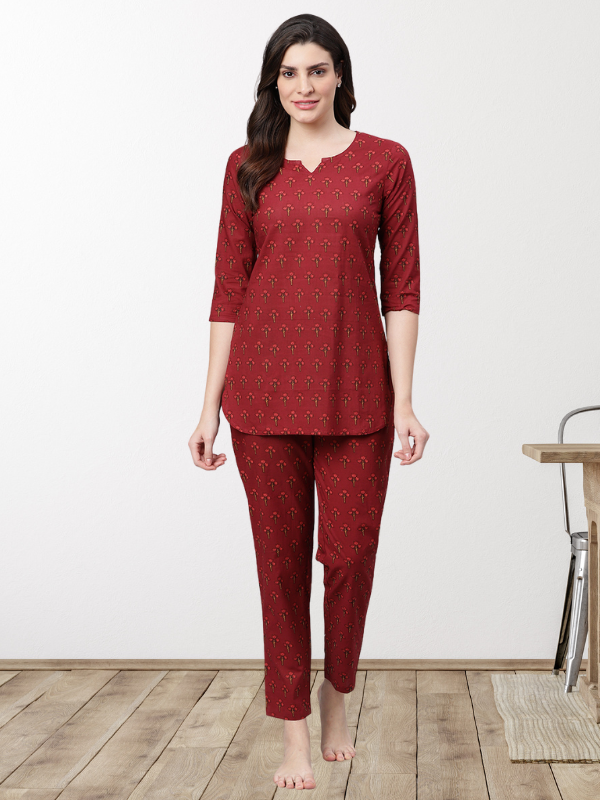 Maroon Printed Night Suit Set