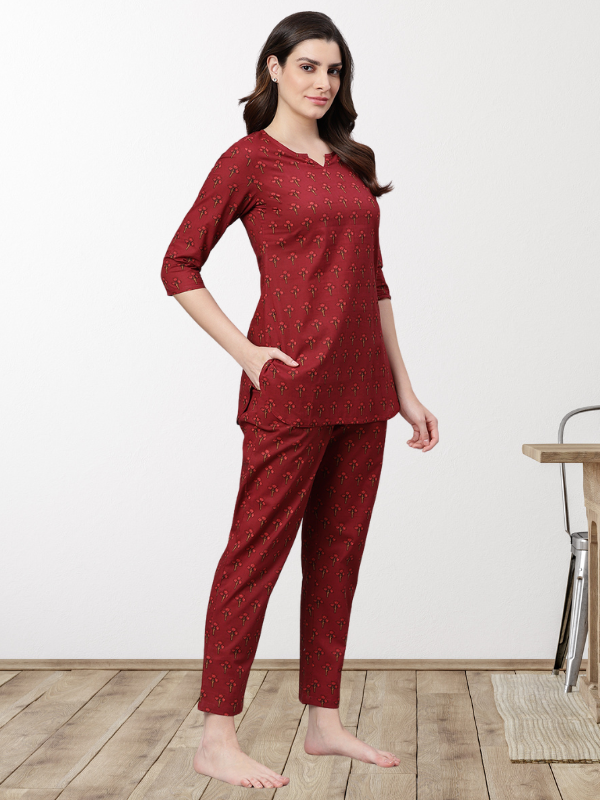 Maroon Printed Night Suit Set