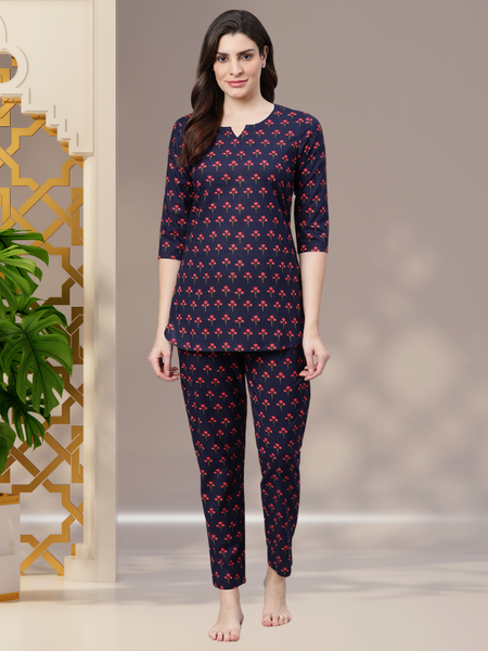 Women's Navy Blue Floral Print Dress | Round Neck Three-Quarter Sleeve Cotton Dress - View #7
