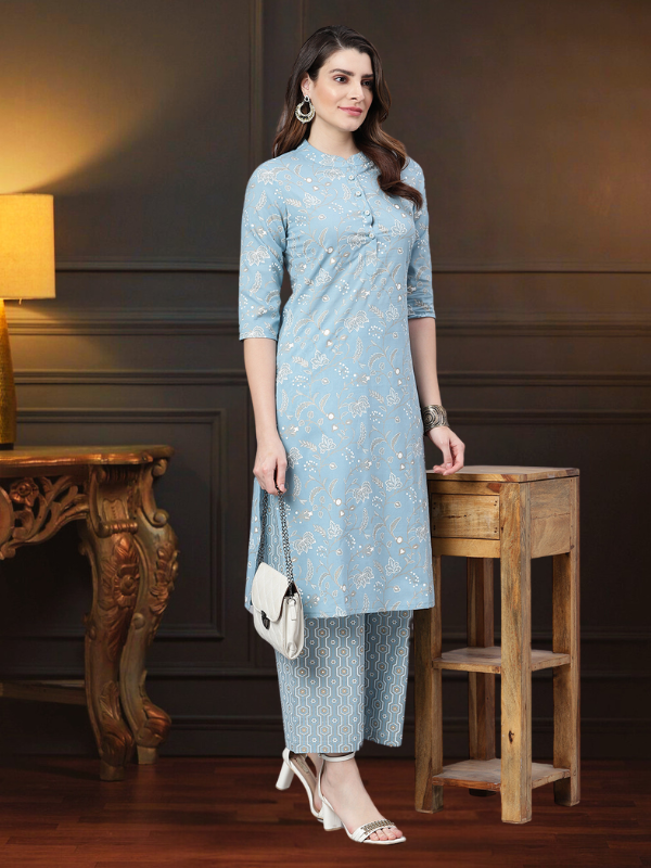 Sage Blue Printed Kurta Set