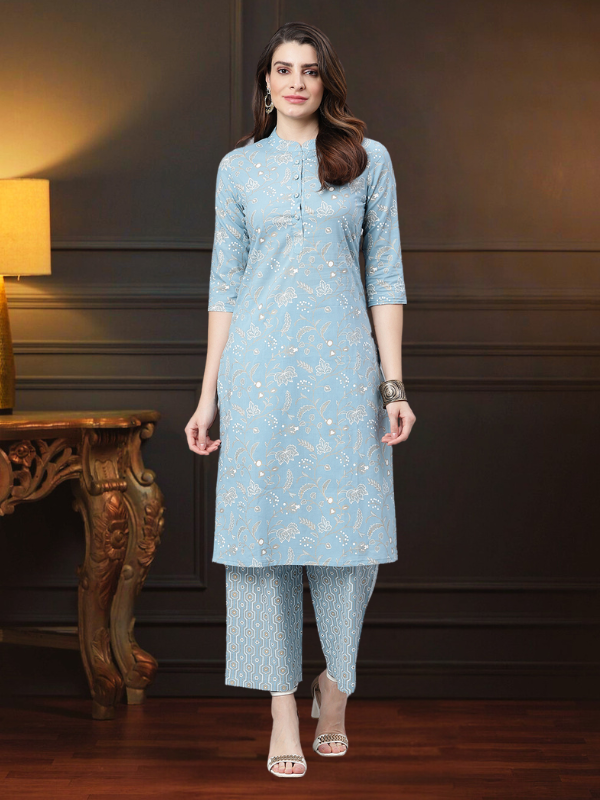 Sage Blue Printed Kurta Set