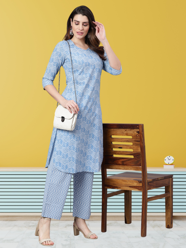 Idalia Women's Sage Blue Printed Straight Cotton Kurta Set with Palazzo Pant