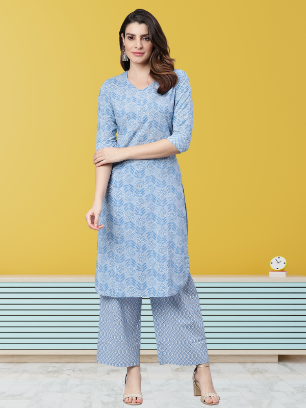 Idalia Women's Sage Blue Printed Straight Cotton Kurta Set with Palazzo Pant
