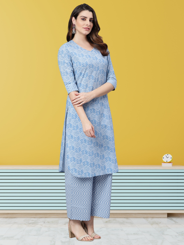 Idalia Women's Sage Blue Printed Straight Cotton Kurta Set with Palazzo Pant