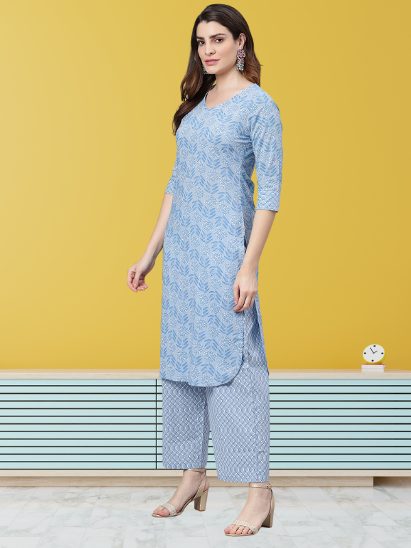 Idalia Women's Sage Blue Printed Straight Cotton Kurta Set with Palazzo Pant
