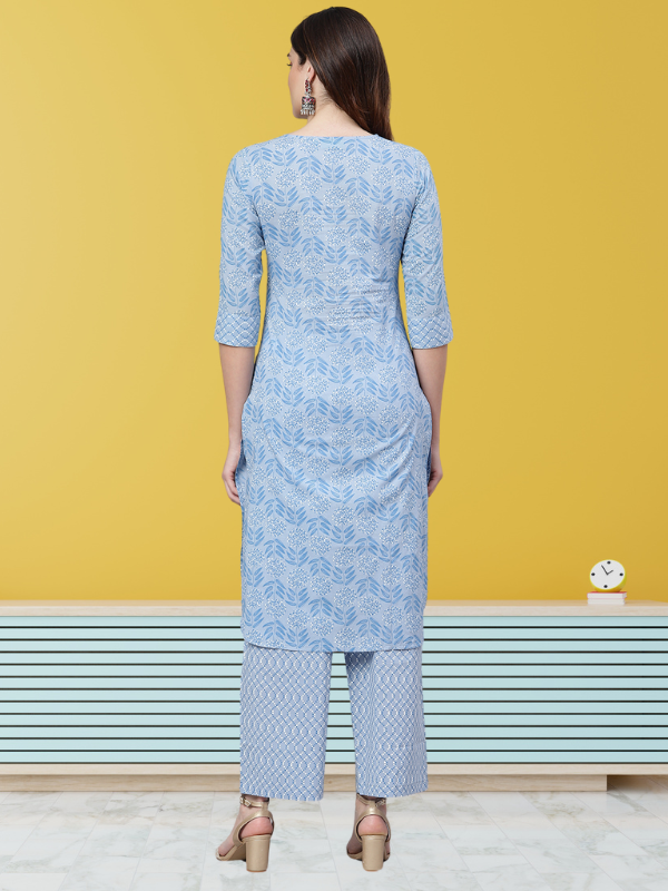 Idalia Women's Sage Blue Printed Straight Cotton Kurta Set with Palazzo Pant
