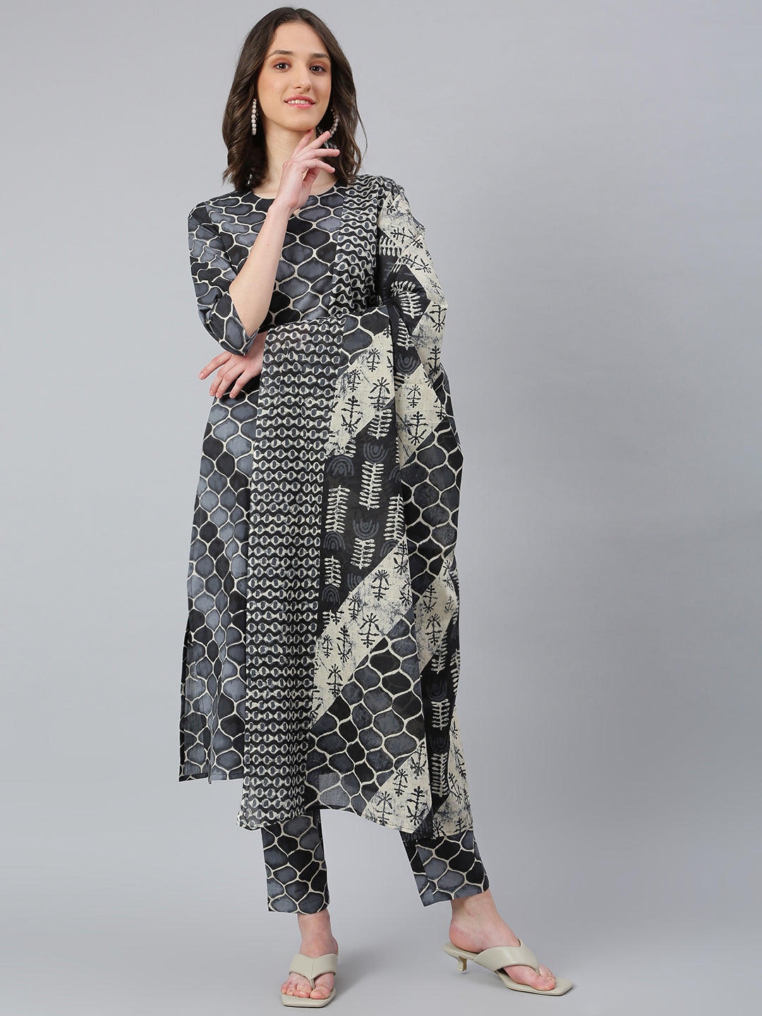 Idalia Black and Grey Printed Kurta Set with Dupatta