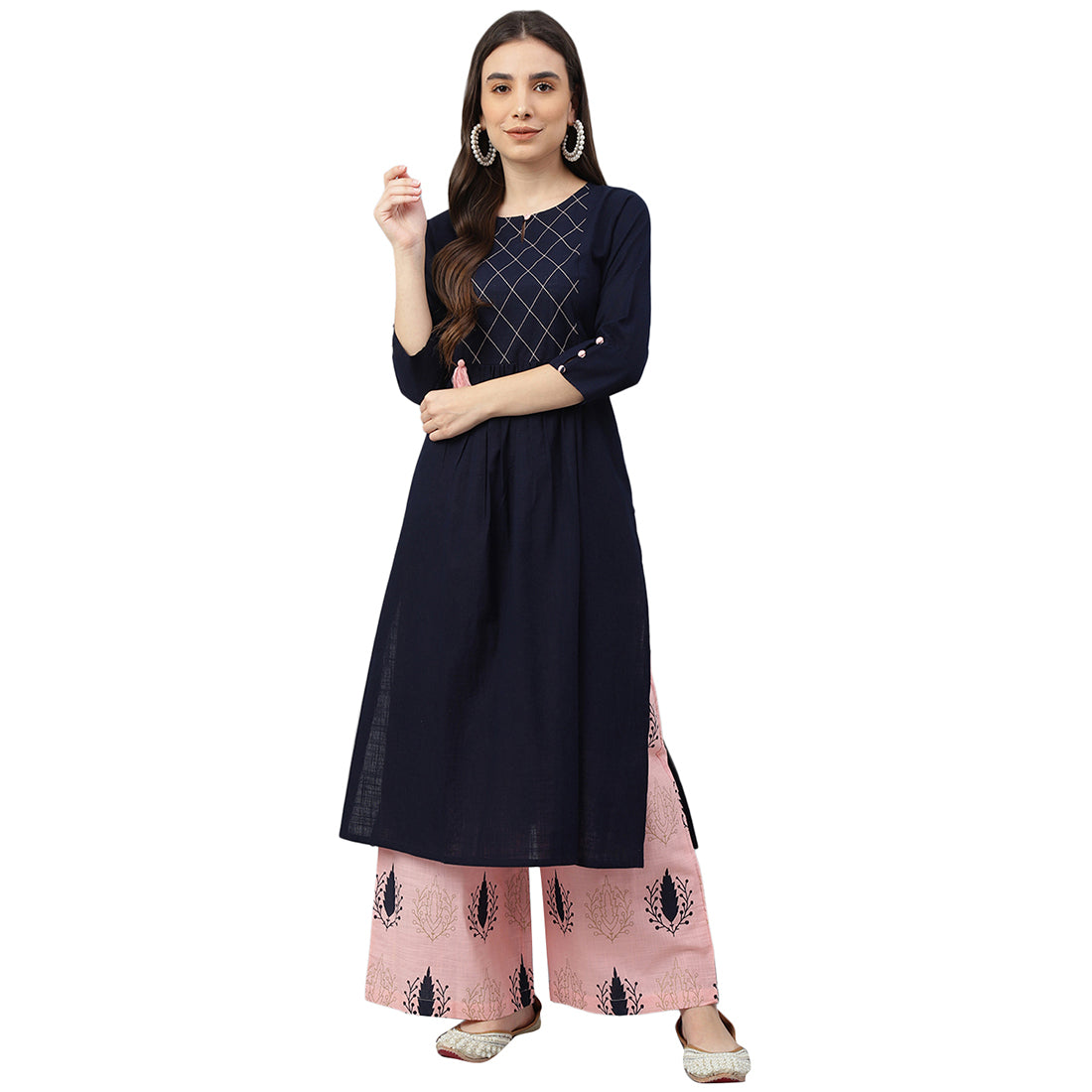Idalia Navy Blue And Light Pink Cotton Kurta Set