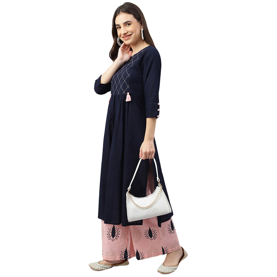 Idalia Navy Blue And Light Pink Cotton Kurta Set
