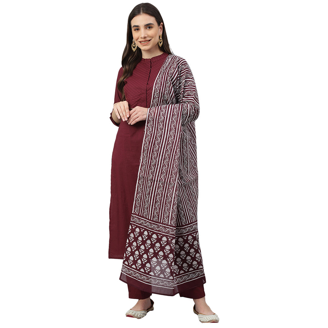 Idalia Raspberry Color Cotton Kurta With Pants and Dupatta