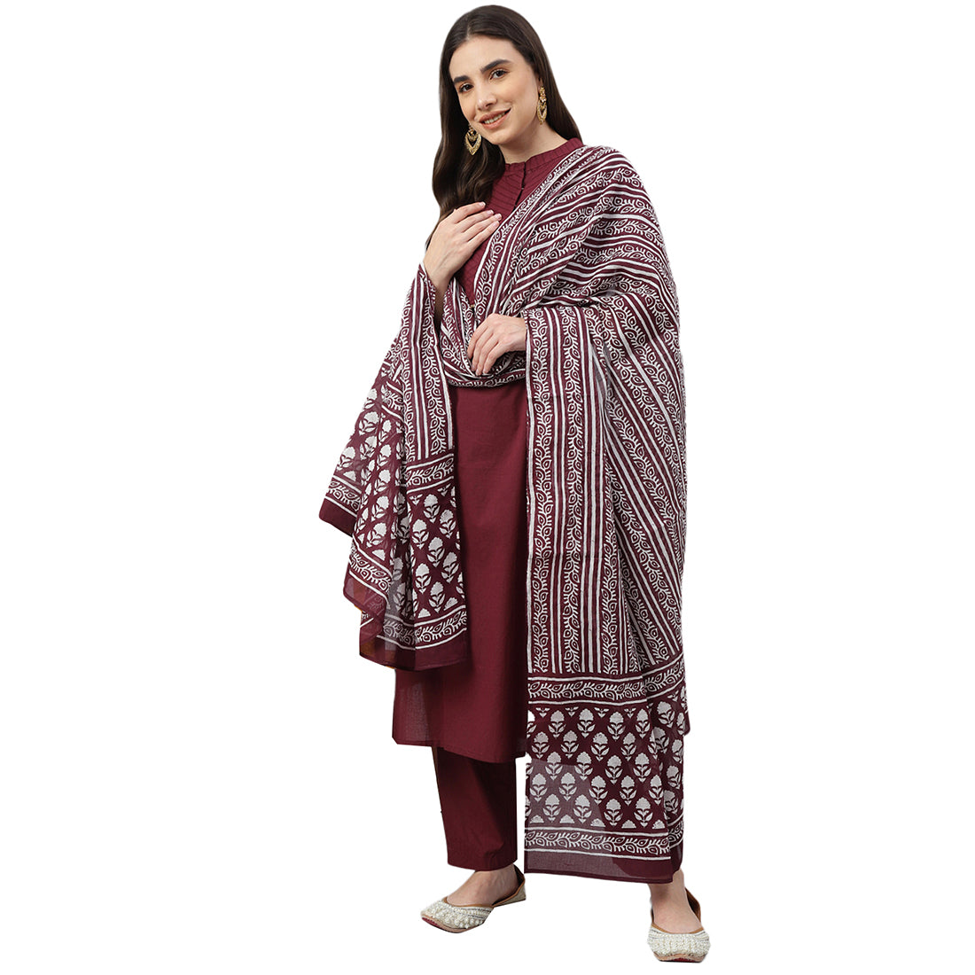 Idalia Raspberry Color Cotton Kurta With Pants and Dupatta