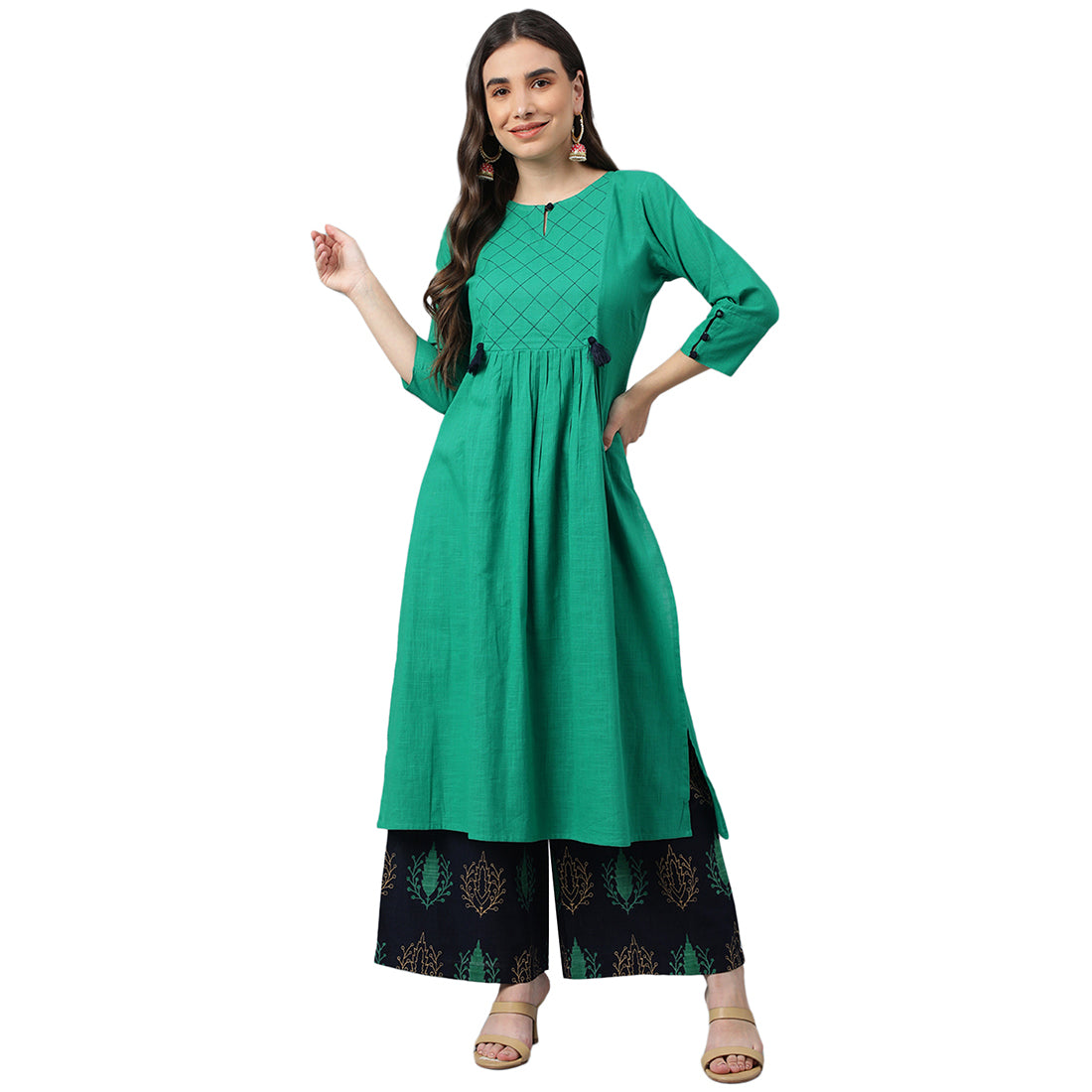 Idalia Women Green & Navy Blue Yoke Design Kurta with Palazzos