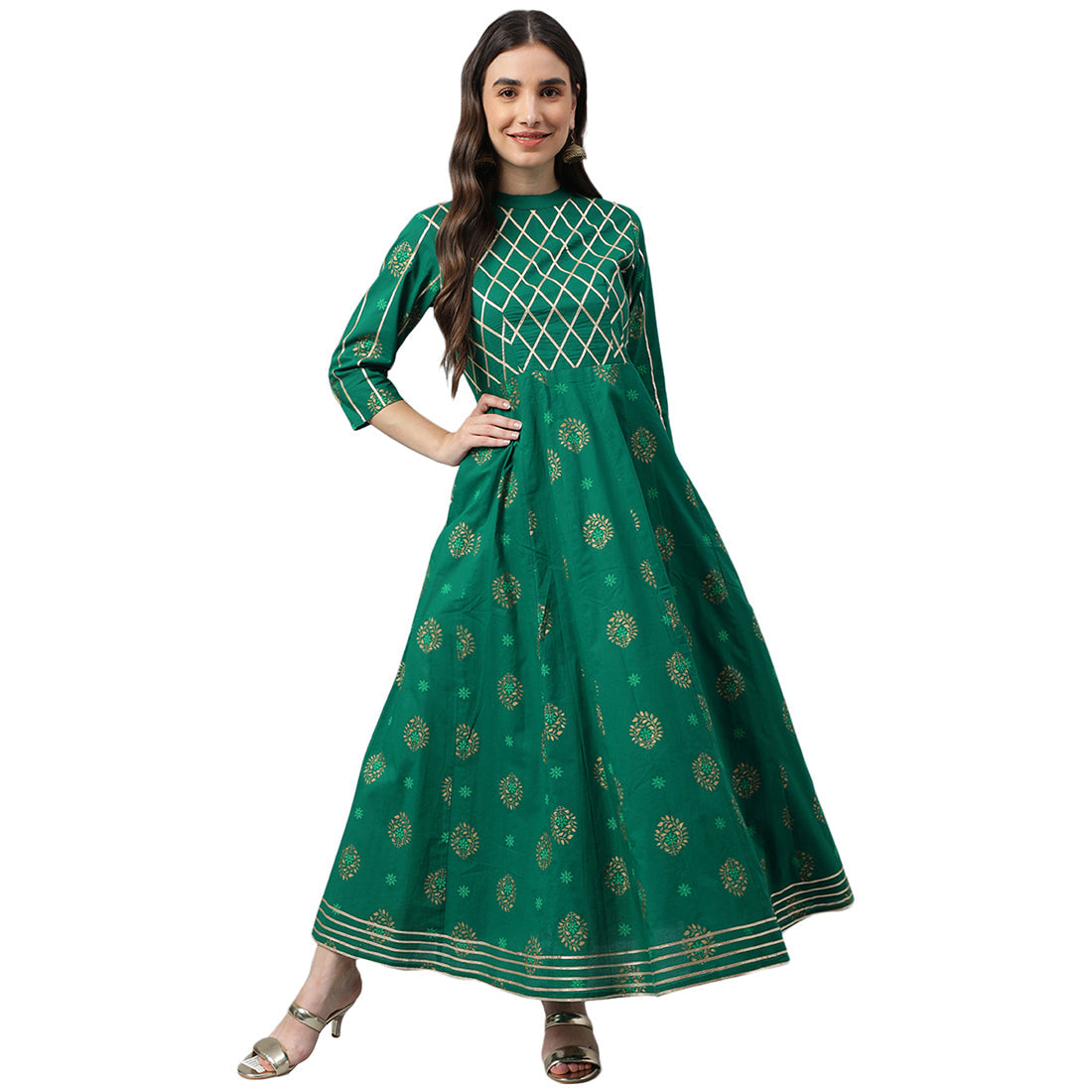Idalia Gold Print Dark Green Cotton Anarkali Kurta