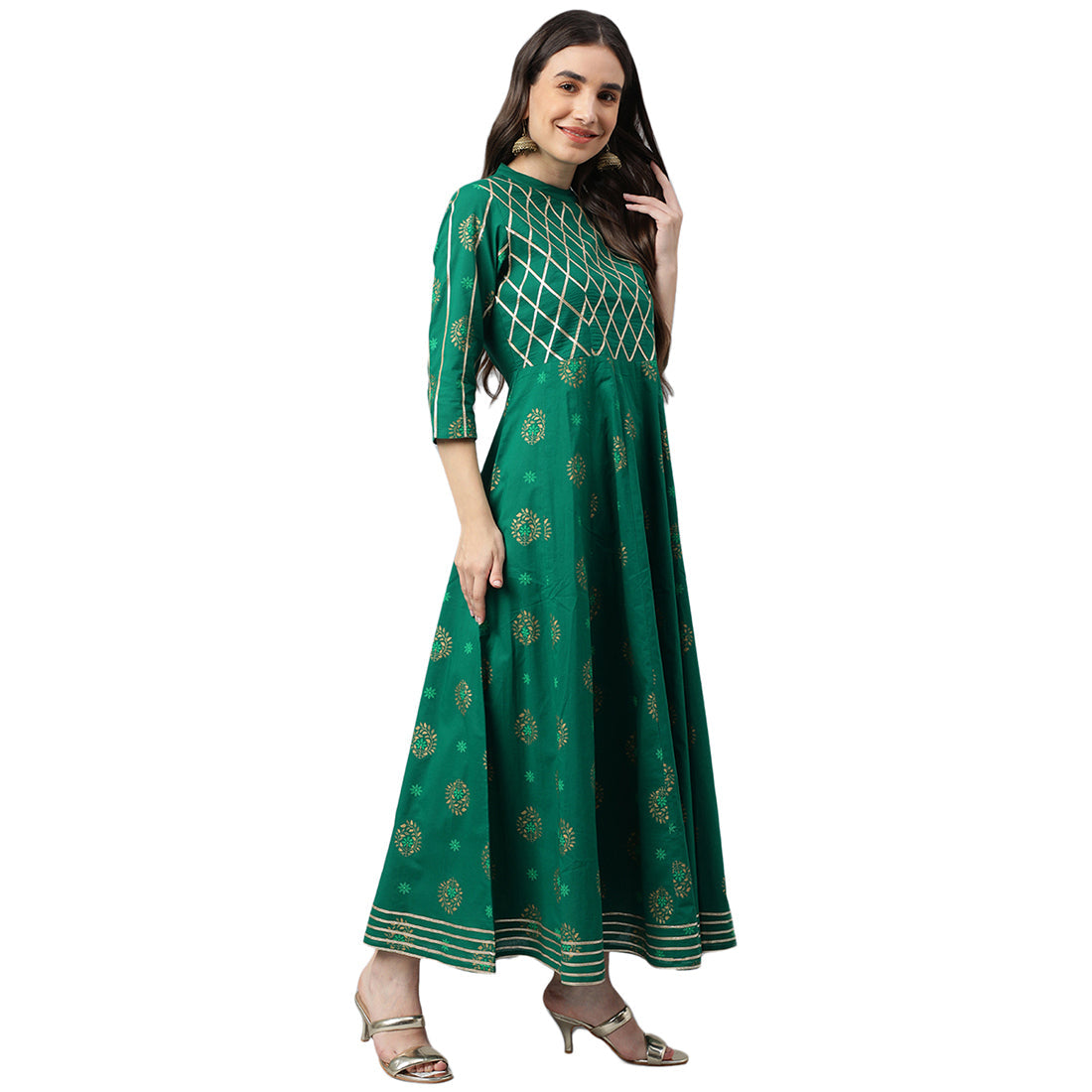 Idalia Gold Print Dark Green Cotton Anarkali Kurta
