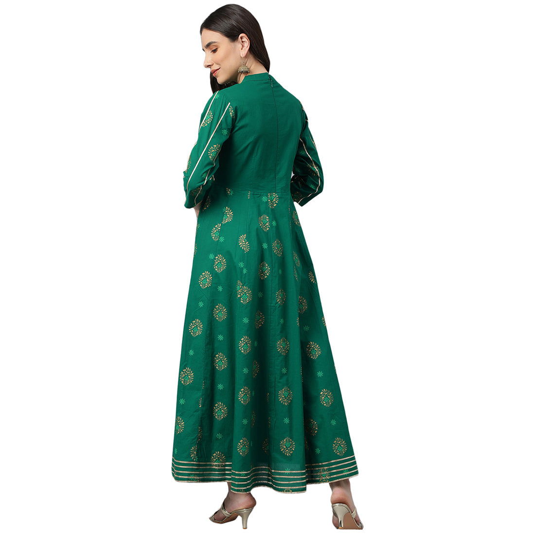 Idalia Gold Print Dark Green Cotton Anarkali Kurta