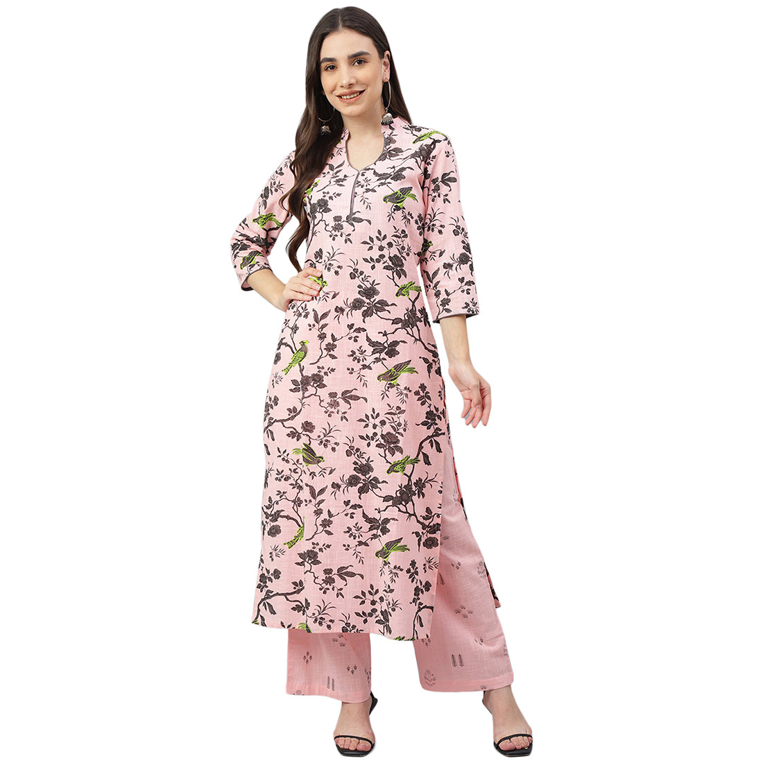 Idalia Baby Pink Printed Kurta With Cotton Palazzo Pants